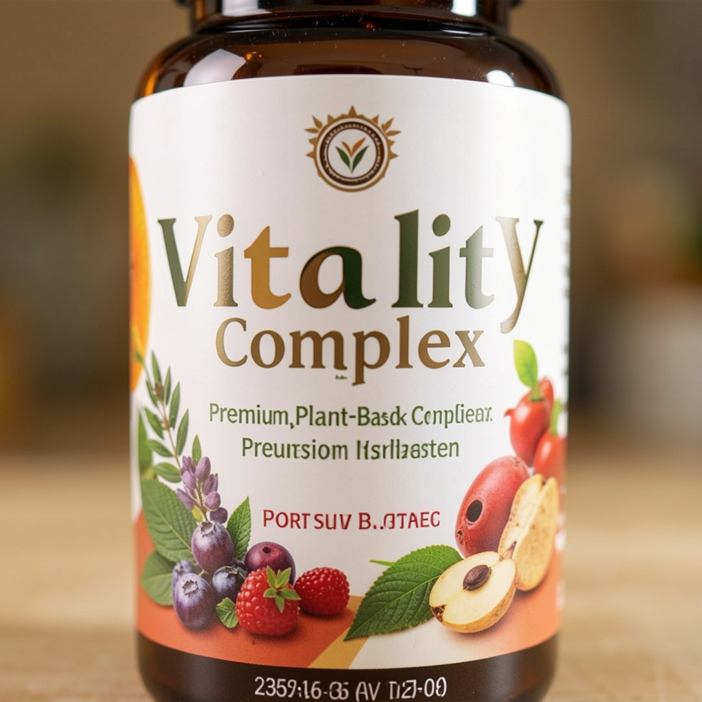 Close-up of HeartVitality Complex bottle showing premium plant-based ingredients